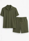 Erkek Waffle Kısa Kollu Gömlek Şort Takım Regular Fit İkili Set - Haki
