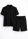 Erkek Waffle Kumaş Kısa Kollu Gömlek Şort Takım Regular Fit Yazlık İkili Set - Siyah