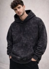 Erkek Yağ Yıkamalı Kapşonlu Double Oversize Üç İplik Pamuklu Sweatshirt - Siyah