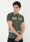 Erkek Yakalı Slim Fit Baskılı T-Shirt - Haki