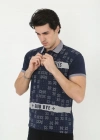 Erkek Yakalı Slim Fit Baskılı T-Shirt - Lacivert