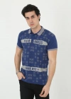 Erkek Yakalı Slim Fit Baskılı T-Shirt - Mavi