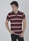 Erkek Yakalı Slim Fit Dokuma Çizgili T-Shirt - Bordo