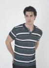 Erkek Yakalı Slim Fit Dokuma Çizgili T-Shirt - Haki
