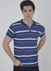 Erkek Yakalı Slim Fit Dokuma Çizgili T-Shirt - Mavi