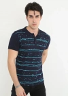 Erkek Yakalı Slim Fit Pike Çizgili T-Shirt - Lacivert
