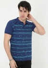 Erkek Yakalı Slim Fit Pike Çizgili T-Shirt - Mavi