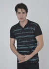 Erkek Yakalı Slim Fit Pike Çizgili T-Shirt - Siyah