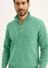 Erkek Yarım Fermuarlı Triko Kazak Selanik Örgü Dik Yaka Pamuklu Dokuma - Mint Yeşili
