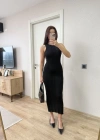 Fitilli Triko Elbise Kolsuz Sırtı Kapalı Maxi Uzun Boy - Siyah