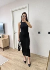 Fitilli Triko Elbise Kolsuz Sırtı Kapalı Maxi Uzun Boy - Siyah