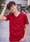 Genç Erkek Çocuk V Yaka Tişört Model - Bordo