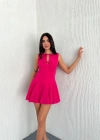 Göğüs Bağlamalı Kolsuz Mini Boy Elbise - Pembe