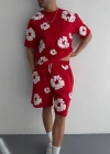 İki İplik Baskılı Şortlu Takım - Kırmızı