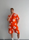 İki İplik Kumaş Baskılı T-shirt Şortlu Takım- Turuncu