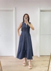 Jeans Kot Önü Tam Fermuarlı Kadın Uzun Elbise - Mavi