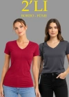 Kadın 2li V Yaka Tişört – Kısa Kollu Yazlık Slim Fit Body - Bordo & Füme