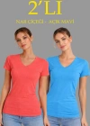 Kadın 2li V Yaka Tişört – Kısa Kollu Yazlık Slim Fit Body - Nar Çiçeği & Açık Mavi