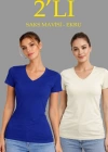 Kadın 2li V Yaka Tişört – Kısa Kollu Yazlık Slim Fit Body - Saks Mavisi & Ekru