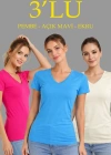 Kadın 3lü V Yaka Tişört – Kısa Kollu Yazlık Slim Fit Body - Pembe, Açık Mavi, Ekru
