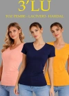 Kadın 3lü V Yaka Tişört – Kısa Kollu Yazlık Slim Fit Body - Toz Pembe, Lacivert, Hardal