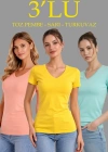 Kadın 3lü V Yaka Tişört – Kısa Kollu Yazlık Slim Fit Body - Toz Pembe, Sarı, Turkuvaz