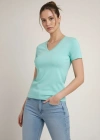 Kadın 3lü V Yaka Tişört – Kısa Kollu Yazlık Slim Fit Body - Toz Pembe, Sarı, Turkuvaz