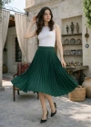 Kadın 90 Cm Saten Kumaş Pliseli Midi Etek Şık ve Zarif Tasarım - Çağla Yeşili