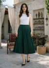 Kadın 90 Cm Saten Kumaş Pliseli Midi Etek Şık ve Zarif Tasarım - Çağla Yeşili