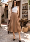 Kadın 90 Cm Saten Kumaş Pliseli Midi Etek Şık ve Zarif Tasarım - Kahverengi
