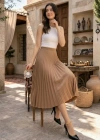 Kadın 90 Cm Saten Kumaş Pliseli Midi Etek Şık ve Zarif Tasarım - Kahverengi