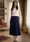 Kadın 90 Cm Saten Kumaş Pliseli Midi Etek Şık ve Zarif Tasarım - Lacivert