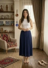 Kadın 90 Cm Saten Kumaş Pliseli Midi Etek Şık ve Zarif Tasarım - Lacivert
