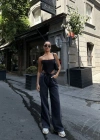 Kadın Arkadan Yırtmaçlı Jeans Kot Palazzo Pantolon - Siyah