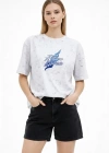 Kadın Asit Yıkamalı Oversize Tişört Future Worlds Baskılı Bisiklet Yaka Kısa Kollu - Beyaz