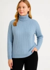 Kadın Balıkcı Yaka Bağazlı Triko Kazak Pamuklu Kalın Fitilli Dokuma - Bebek Mavisi