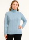 Kadın Balıkcı Yaka Bağazlı Triko Kazak Pamuklu Kalın Fitilli Dokuma - Bebek Mavisi