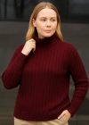 Kadın Balıkcı Yaka Bağazlı Triko Kazak Pamuklu Kalın Fitilli Dokuma - Bordo