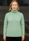 Kadın Balıkcı Yaka Bağazlı Triko Kazak Pamuklu Kalın Fitilli Dokuma - Mint Yeşili