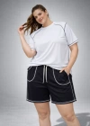 Kadın Battal Beden Kısa Kollu Tişört Şort Takım Kontrast Dikiş Detaylı Günlük Ev Giyimi - Beyaz