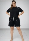 Kadın Battal Beden Kısa Kollu Tişört Şort Takım Kontrast Dikiş Detaylı Günlük Ev Giyimi - Siyah