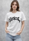 Kadın Bisiklet Yaka Ön Baskılı Kısa Kollu Tişört Streetwear Günlük Basic Pamuklu T-shirt - Beyaz