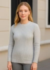 Kadın Bisiklet Yuvarlak Yaka Triko Kazak Pamuklu Kalın Fitilli Dokuma Regular Fit - Gri