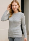 Kadın Bisiklet Yuvarlak Yaka Triko Kazak Pamuklu Kalın Fitilli Dokuma Regular Fit - Gri