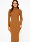 Kadın Boğazlı Triko Elbise Uzun Fitilli Esnek Dokuma Tam Kalıp Baharlık 130 - Kahverengi