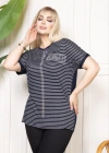 Kadın Büyük Beden Çizgili Taş Detaylı Kısa Kollu Likralı Viskon Tişört - Lacivert
