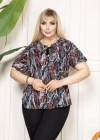 Kadın Desenli Püsküllü Viskon Bluz Bebe Yaka Kısa Kollu Big Size Kesim - Desenli