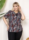 Kadın Desenli Püsküllü Viskon Bluz Bebe Yaka Kısa Kollu Big Size Kesim - Desenli