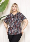 Kadın Desenli Püsküllü Viskon Bluz Bebe Yaka Kısa Kollu Big Size Kesim - Desenli