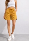 Kadın Dokuma otoban Şort Beli Lastikli Bağcıklı Cepli Kesim Şort - Hardal